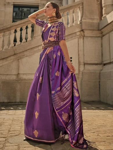Sparkling Purple Woven Satin Silk Reception Wear Saree With Blouse
