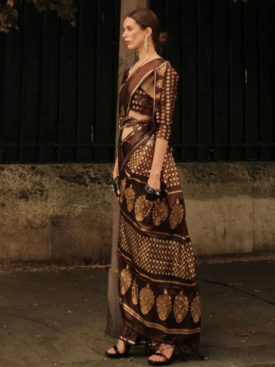 Brown and gold printed ethnic gown with sheer sleeves, perfect for Indian occasions