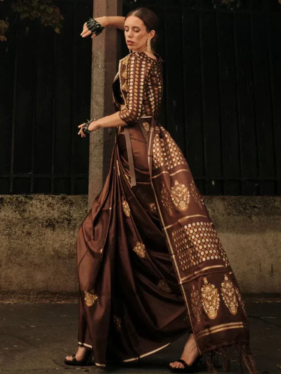 Brown embroidered saree with gold motifs, stylish ethnic wear for women