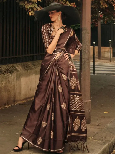 Gorgeous Brown Woven Satin Silk Traditional Saree With Blouse