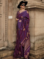 Attractive Purple Woven Satin Silk Festival Wear Saree With Blouse