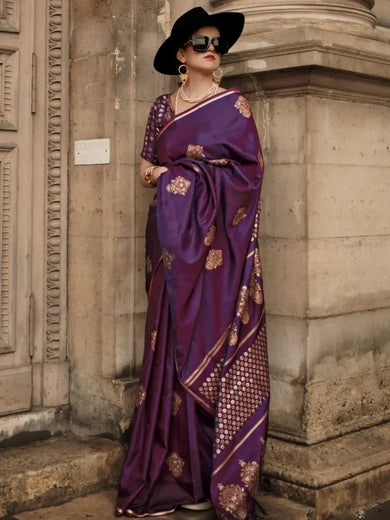 Attractive Purple Woven Satin Silk Festival Wear Saree With Blouse