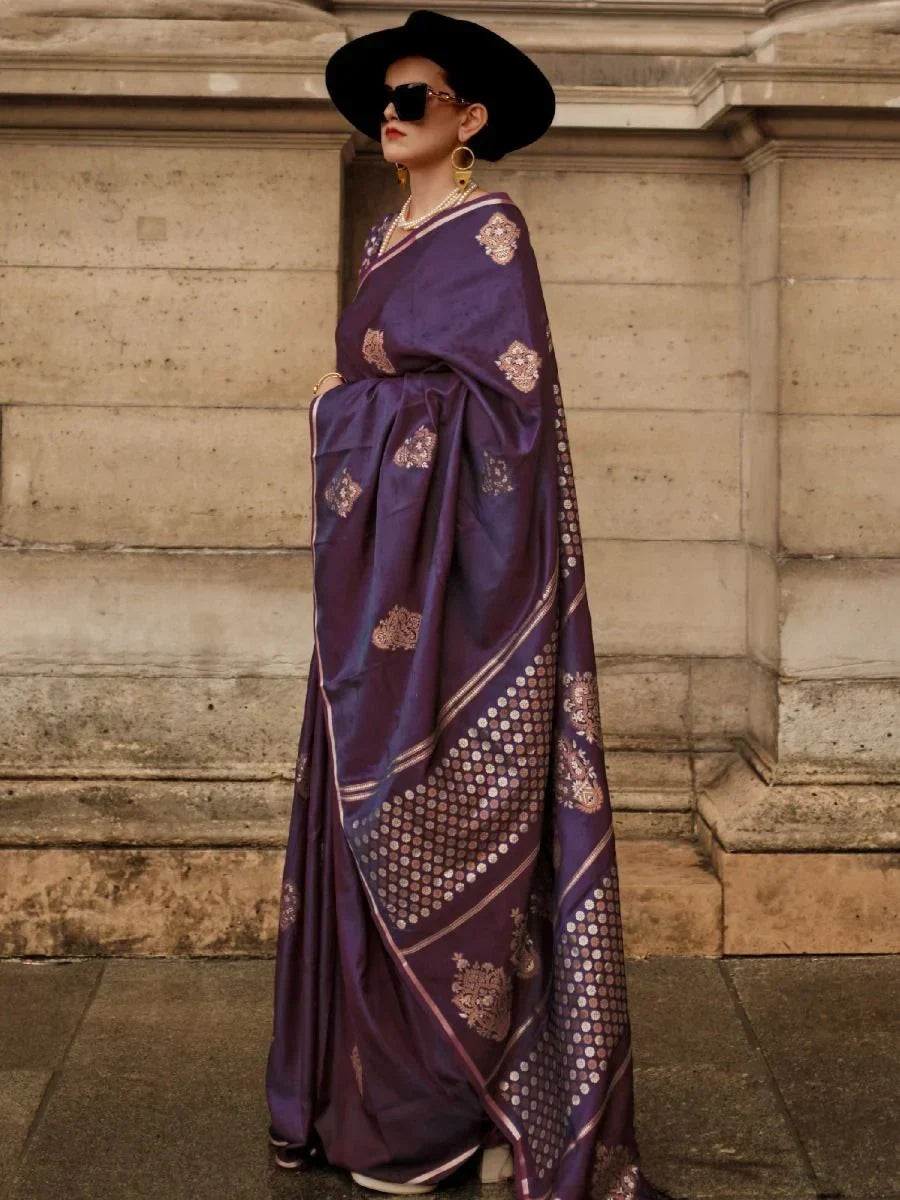 Attractive Purple Woven Satin Silk Festival Wear Saree With Blouse