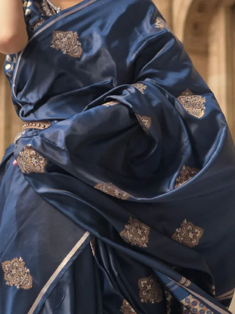 Beautiful Navy Blue Woven Satin Silk Wedding Wear Saree With Blouse