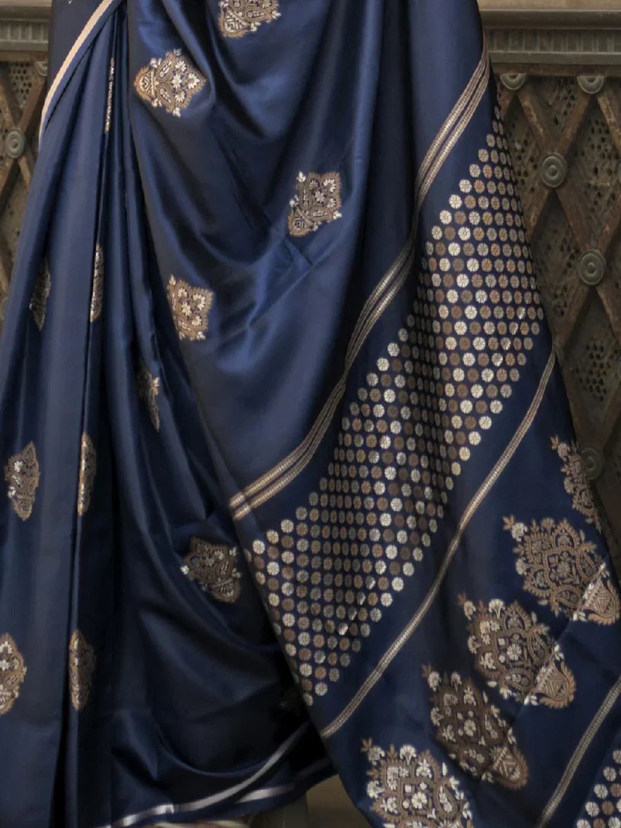 Beautiful Navy Blue Woven Satin Silk Wedding Wear Saree With Blouse