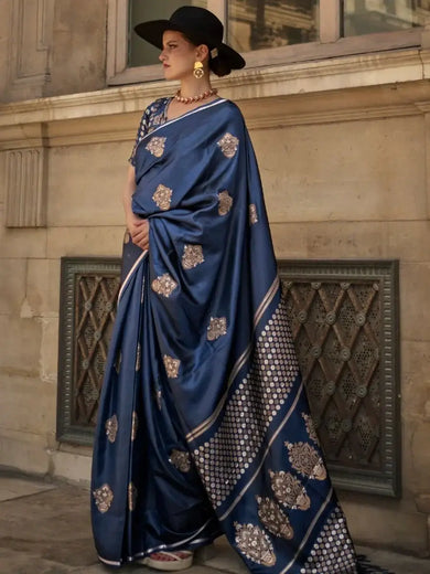 Beautiful Navy Blue Woven Satin Silk Wedding Wear Saree With Blouse