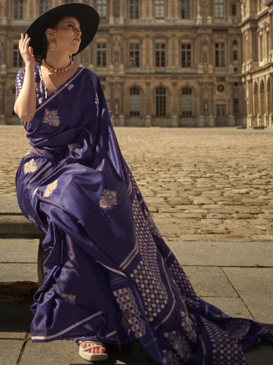 Delightful Blue Woven Banarasi Satin Silk Sangeet Wear Saree