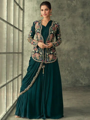 Sparkle Green Embroidered Georgette Festival Gown and Jacket