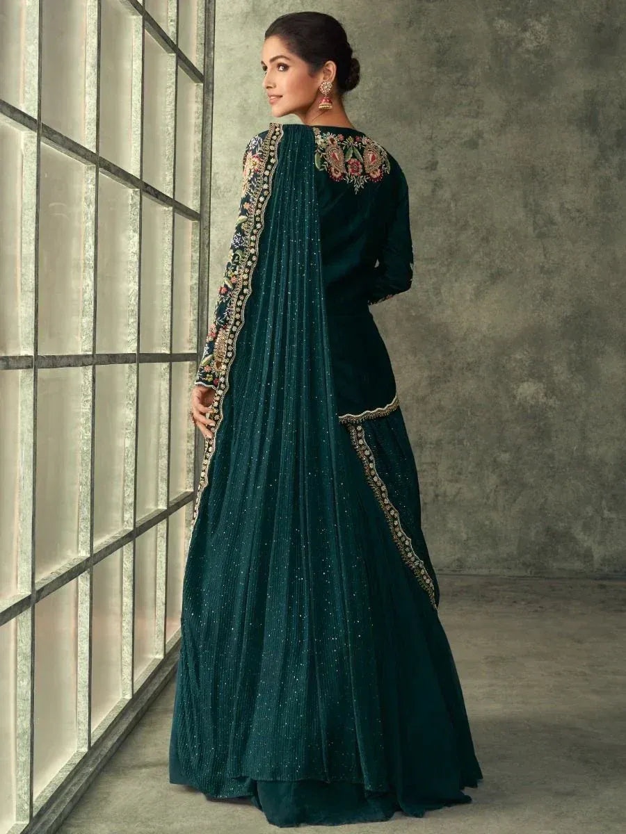 Emerald green embroidered anarkali suit with floral detailing, perfect for Indian ethnic wear occasions.