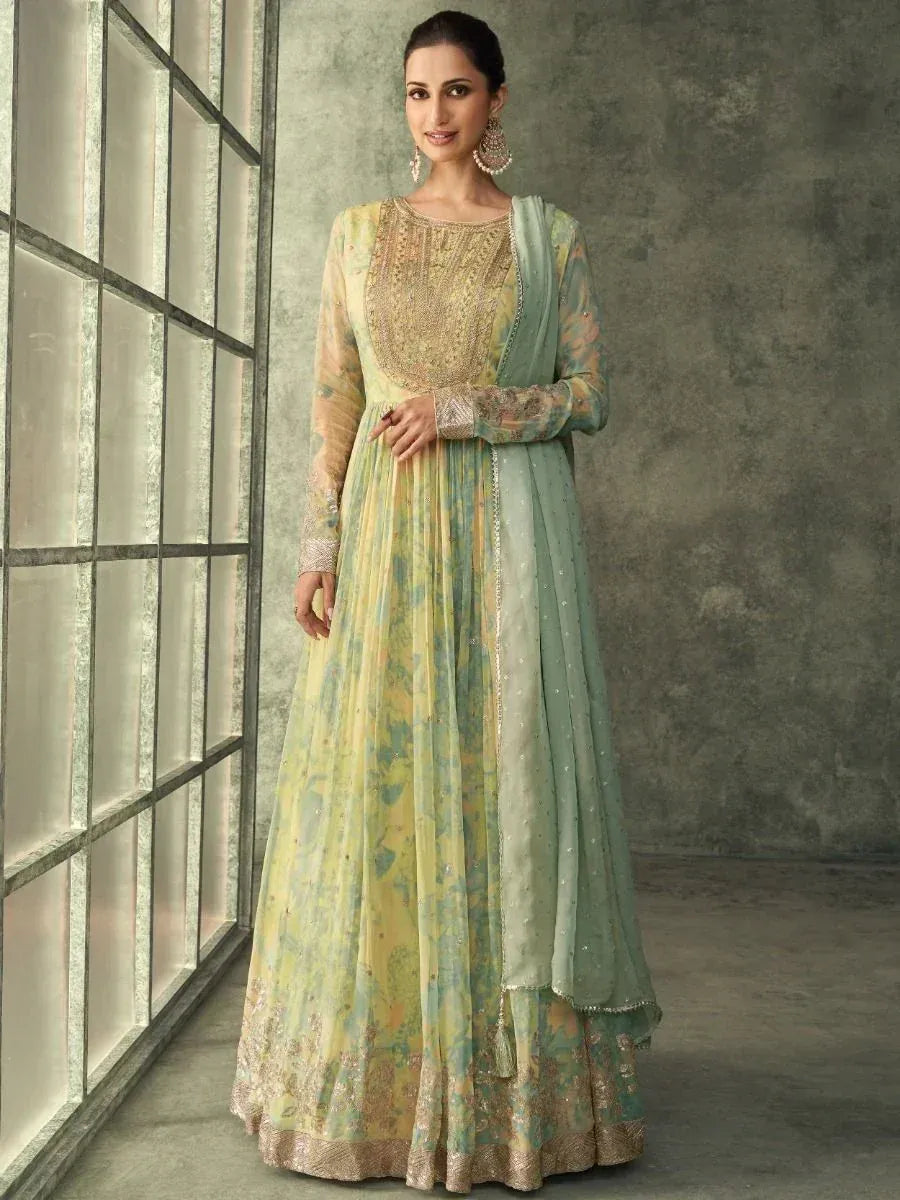 Elegant pastel green and yellow embroidered anarkali suit with dupatta, perfect for Indian ethnic occasions