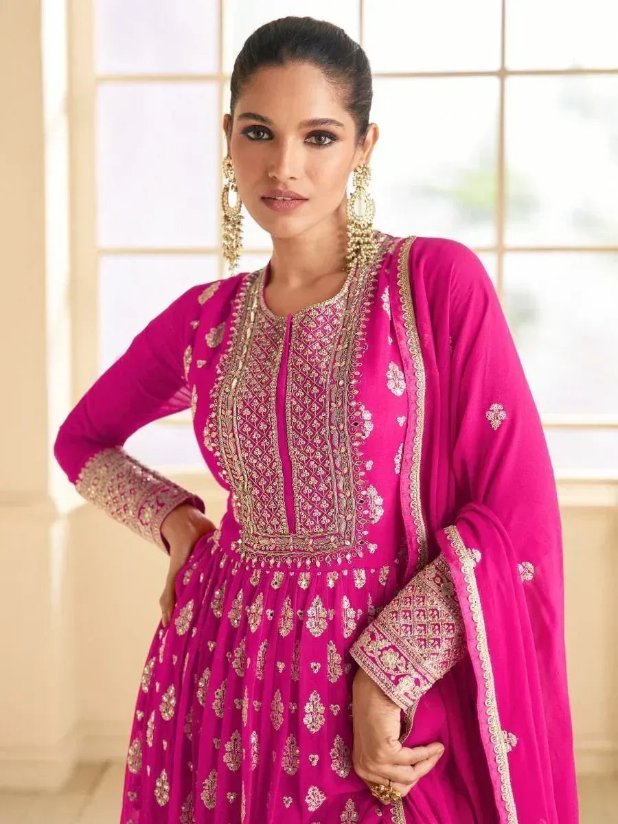 Pink embroidered anarkali suit with gold detailing, perfect for Indian ethnic wear occasions