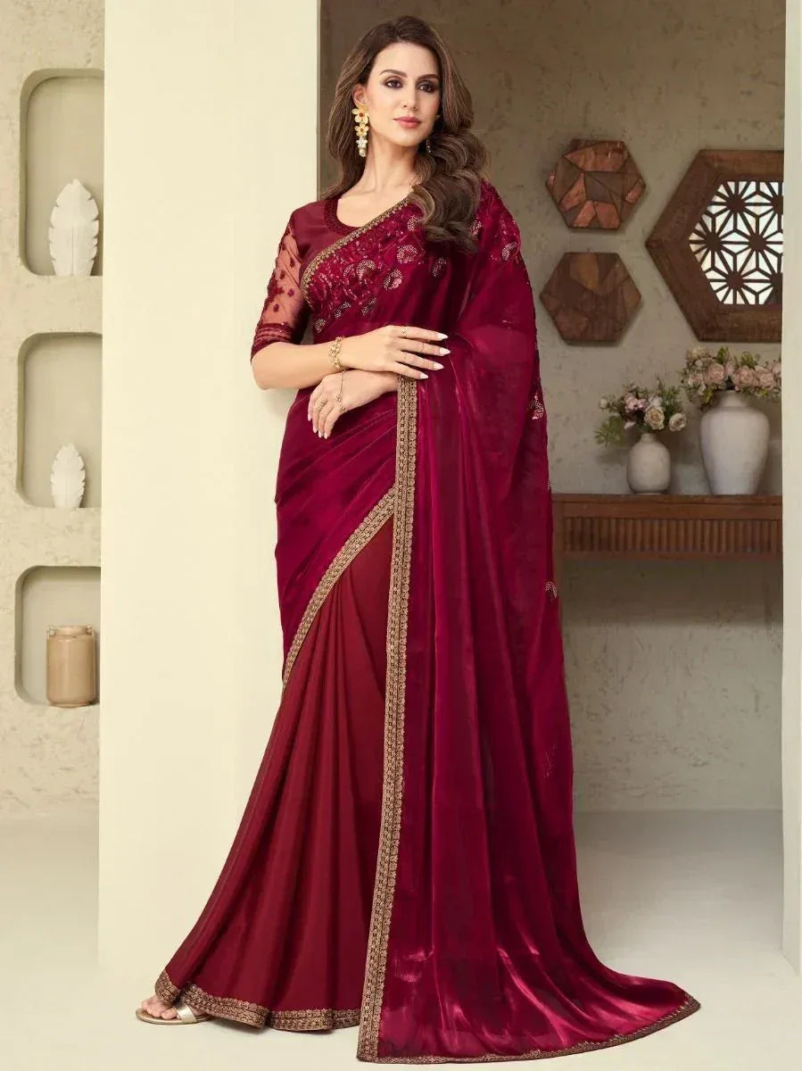 Elegant maroon velvet saree with gold embroidery, perfect for Indian ethnic wear occasions