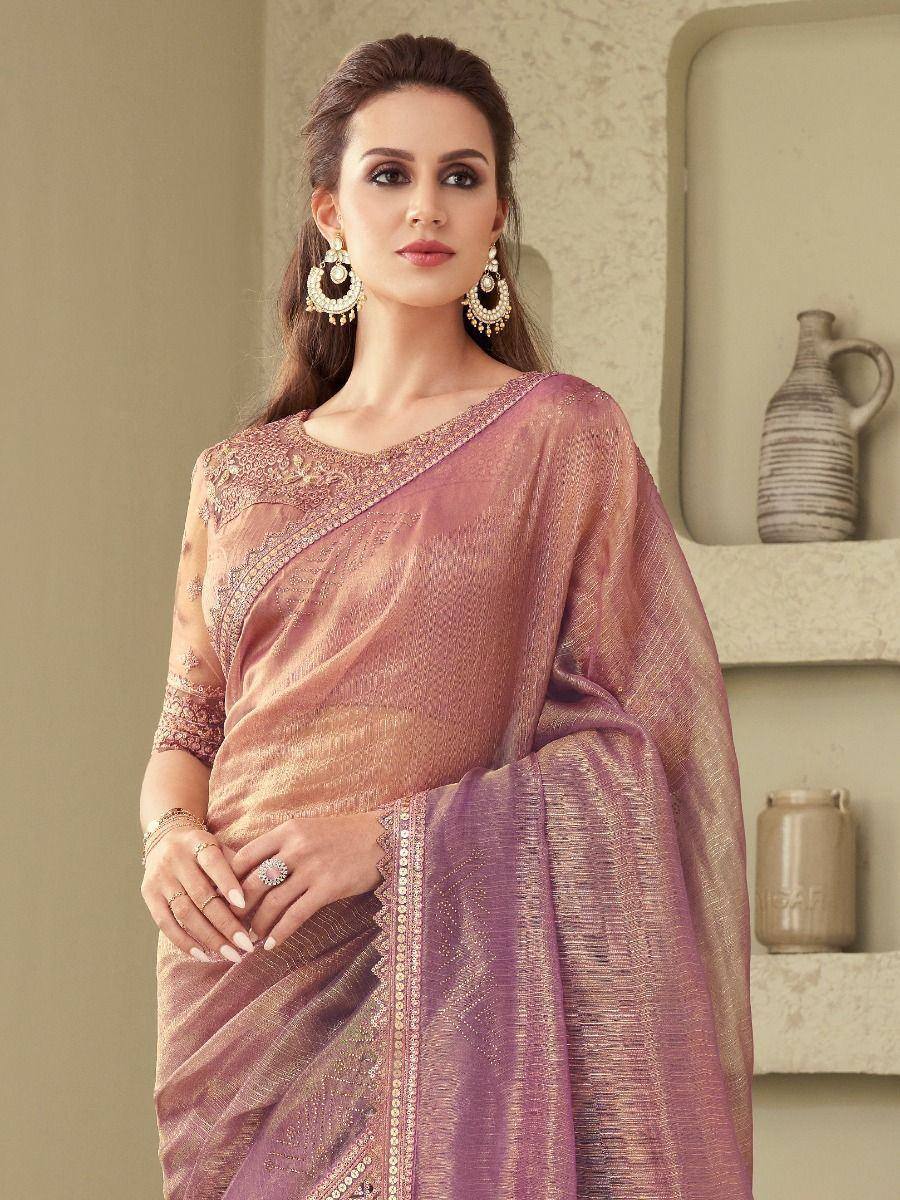 Elegant mauve designer saree with gold embroidery and sequin border, perfect for Indian ethnic occasions