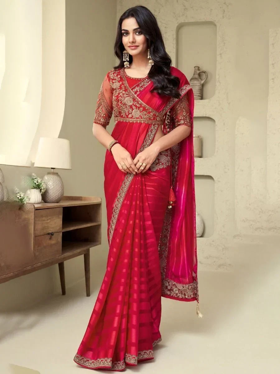 Radiate Red Sequins Work Silk Marriage Wear Saree With Blouse