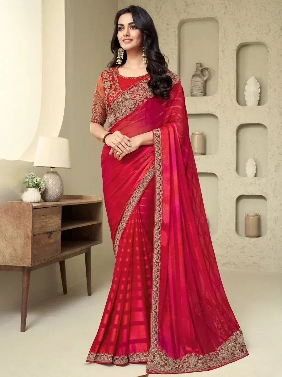 Elegant red designer saree with gold embroidery, perfect for Indian ethnic wear occasions