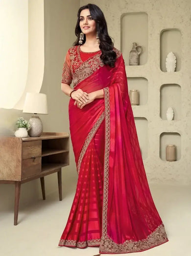 Radiate Red Sequins Work Silk Marriage Wear Saree With Blouse