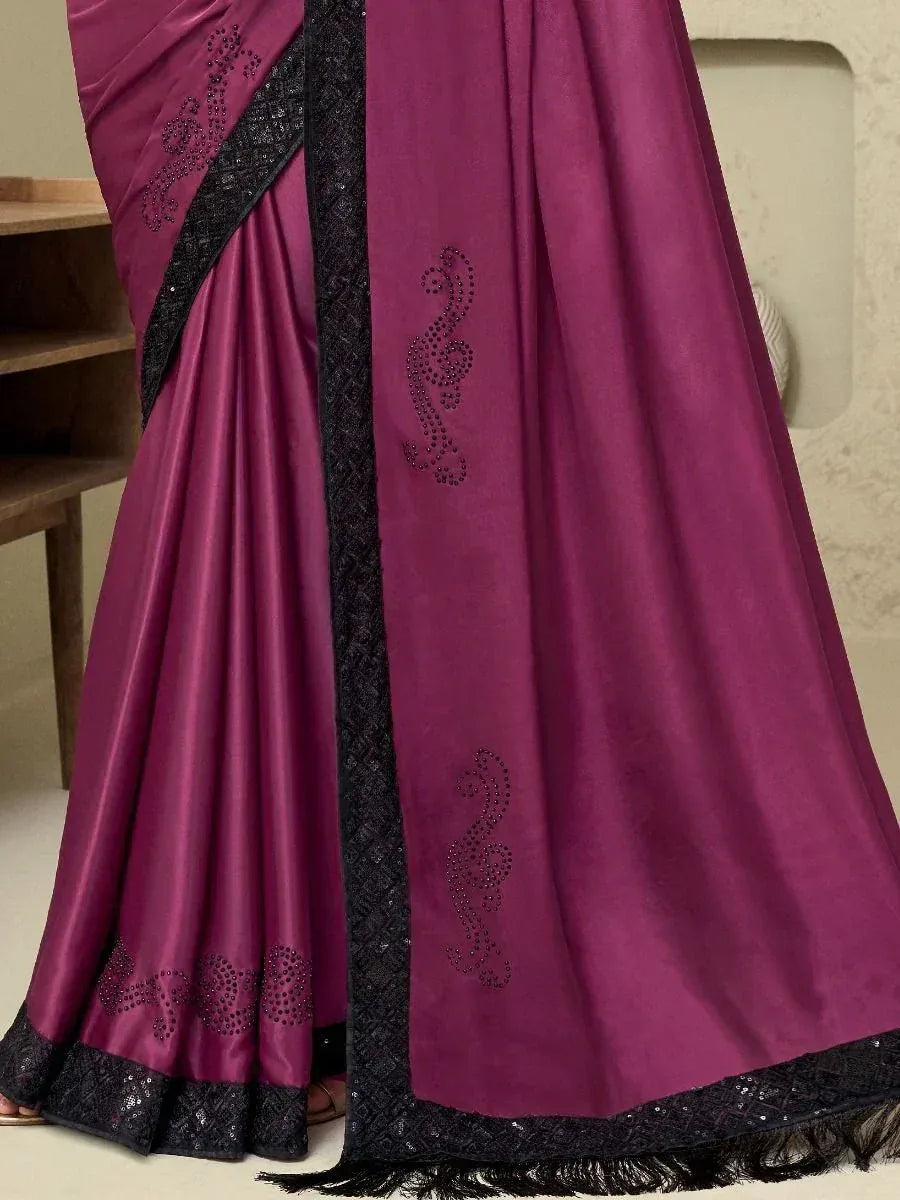Purple satin saree with black sequin border and floral embroidery, elegant Indian ethnic wear