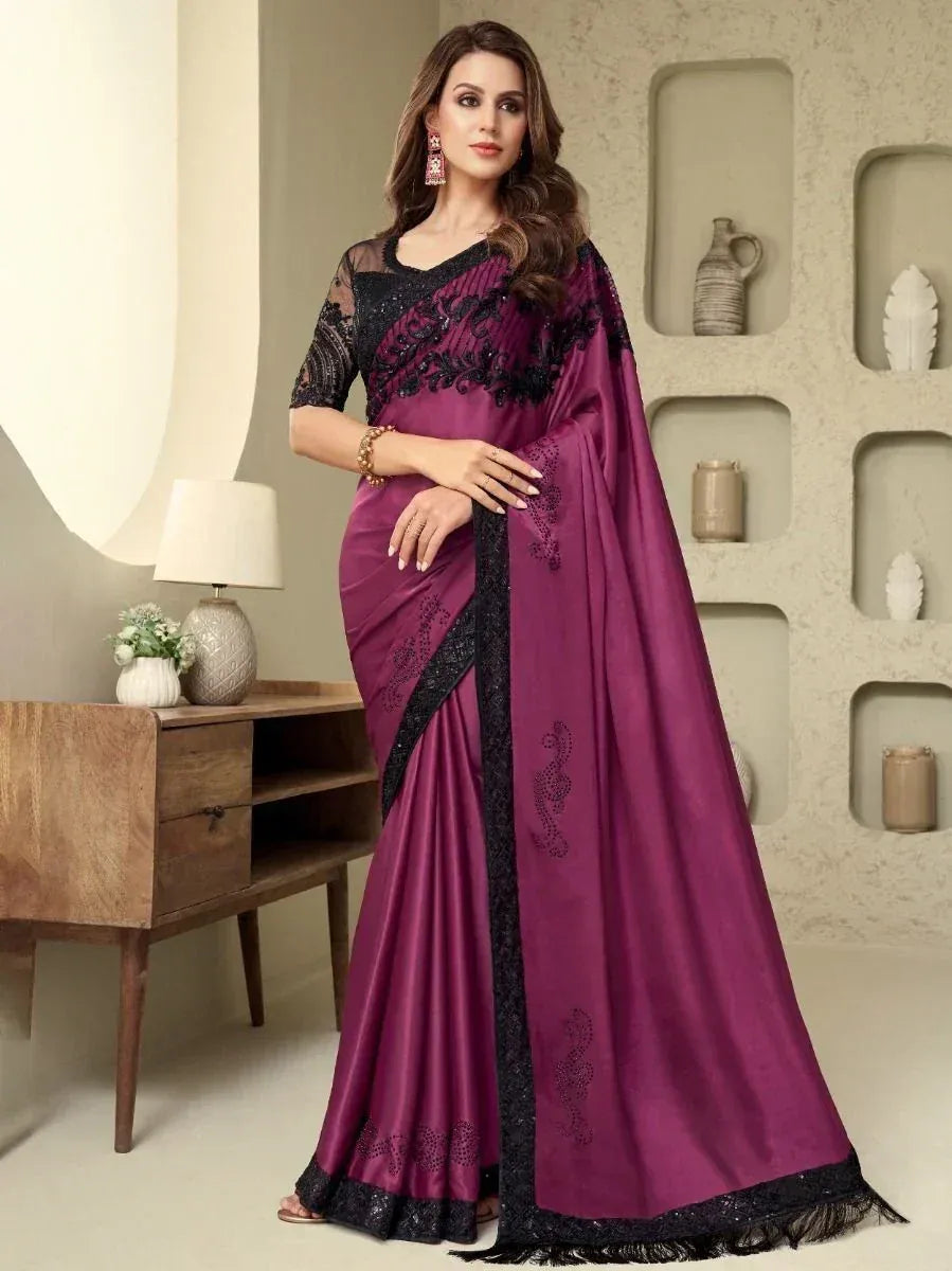 Elegant purple saree with black lace detailing, perfect for Indian ethnic occasions and festive wear.