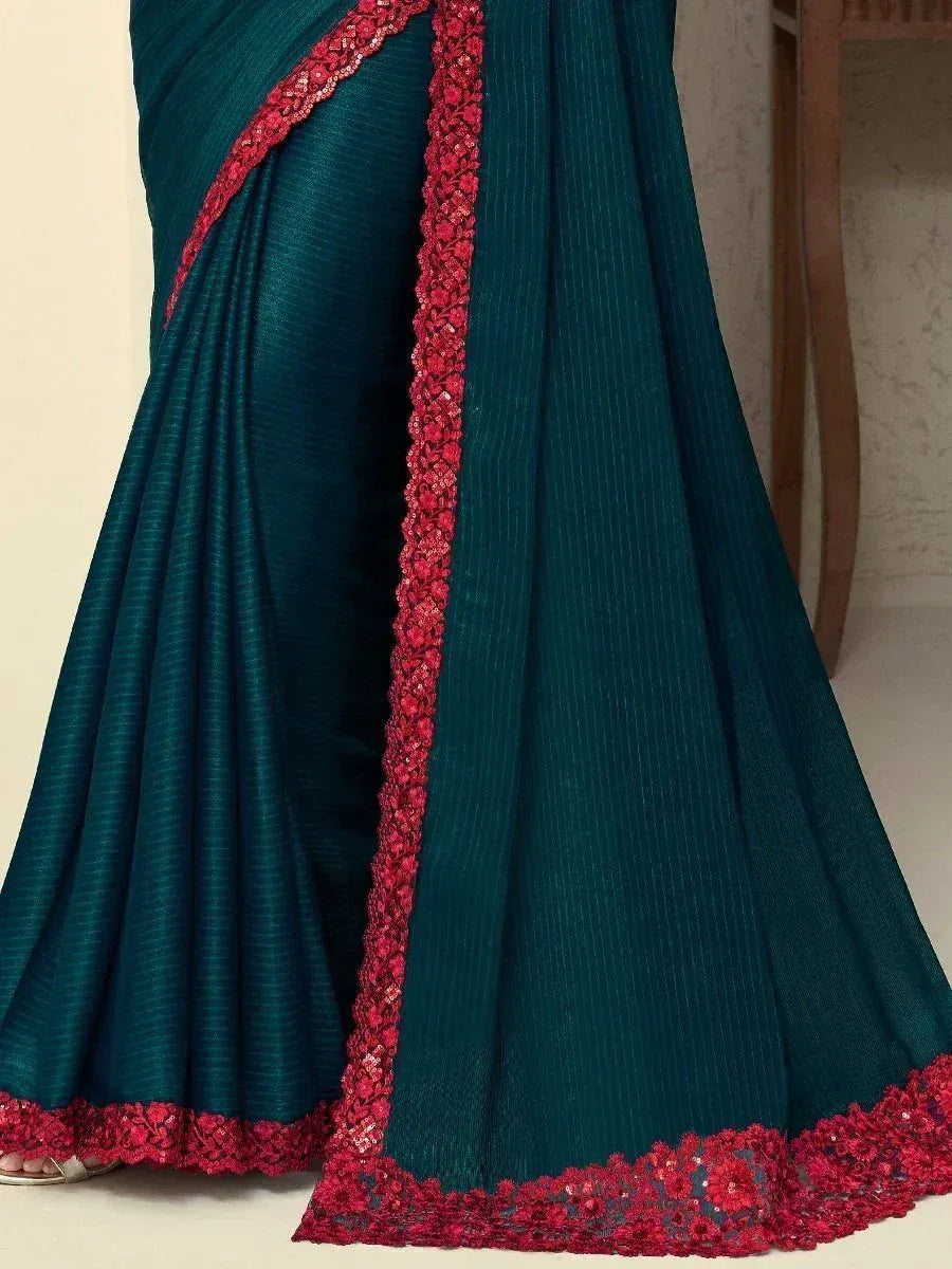 Teal saree with red floral lace border, Indian ethnic wear for women