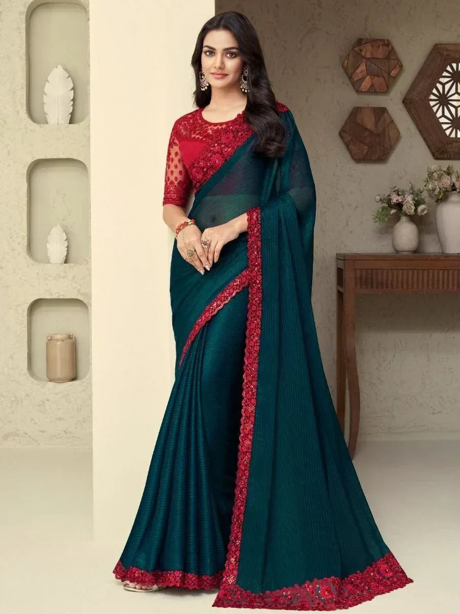 Teal saree with red lace border and embroidered blouse, Indian ethnic wear for women