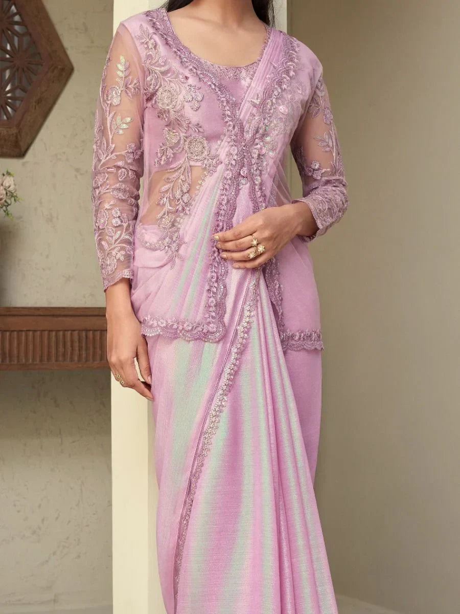 Lavish Light Purple Sequins Shimmer Reception Saree With Jacket