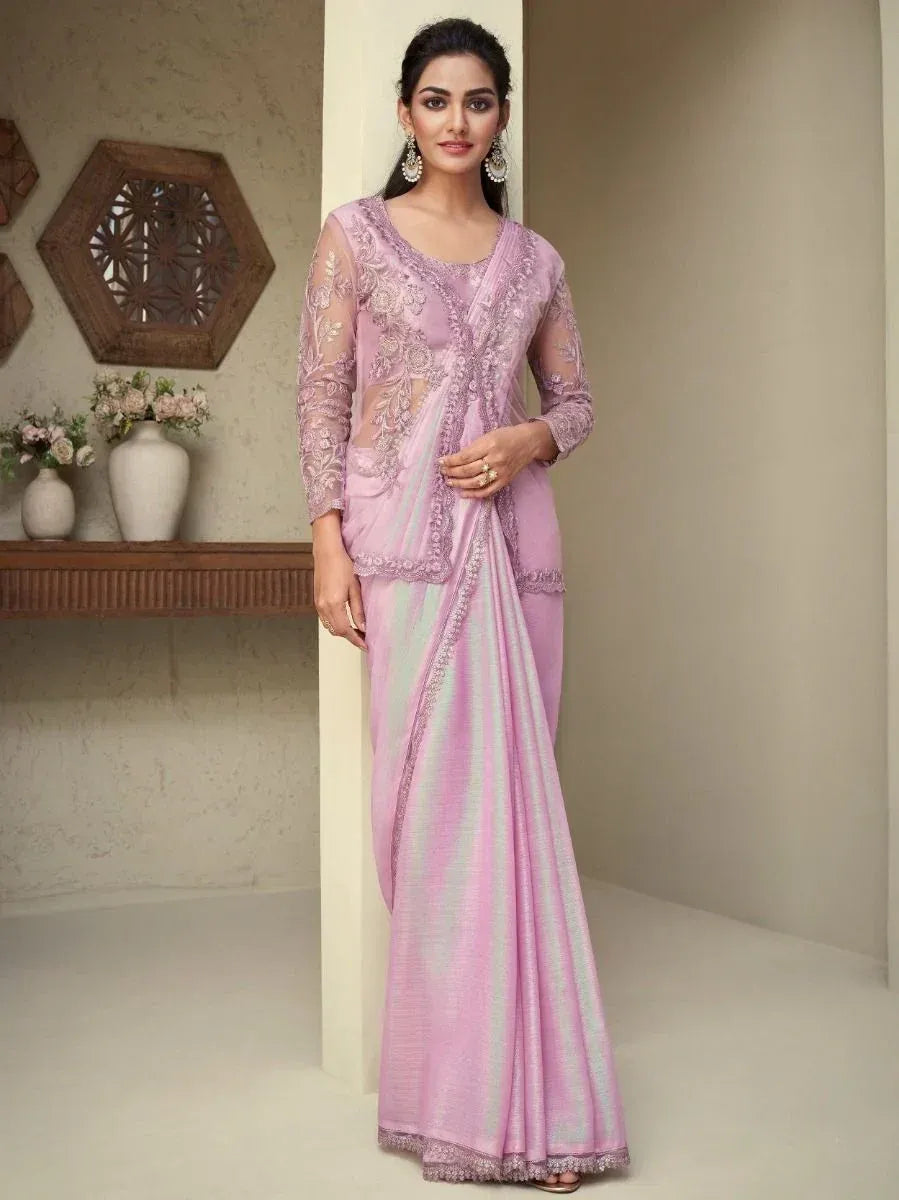 Elegant lavender saree with embroidered blouse, perfect for Indian ethnic occasions