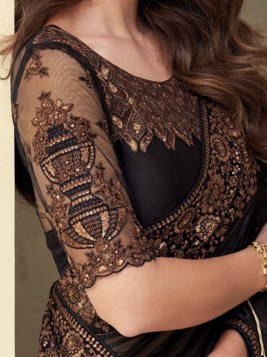 Black and gold embroidered saree blouse with sheer sleeves and sequin detailing