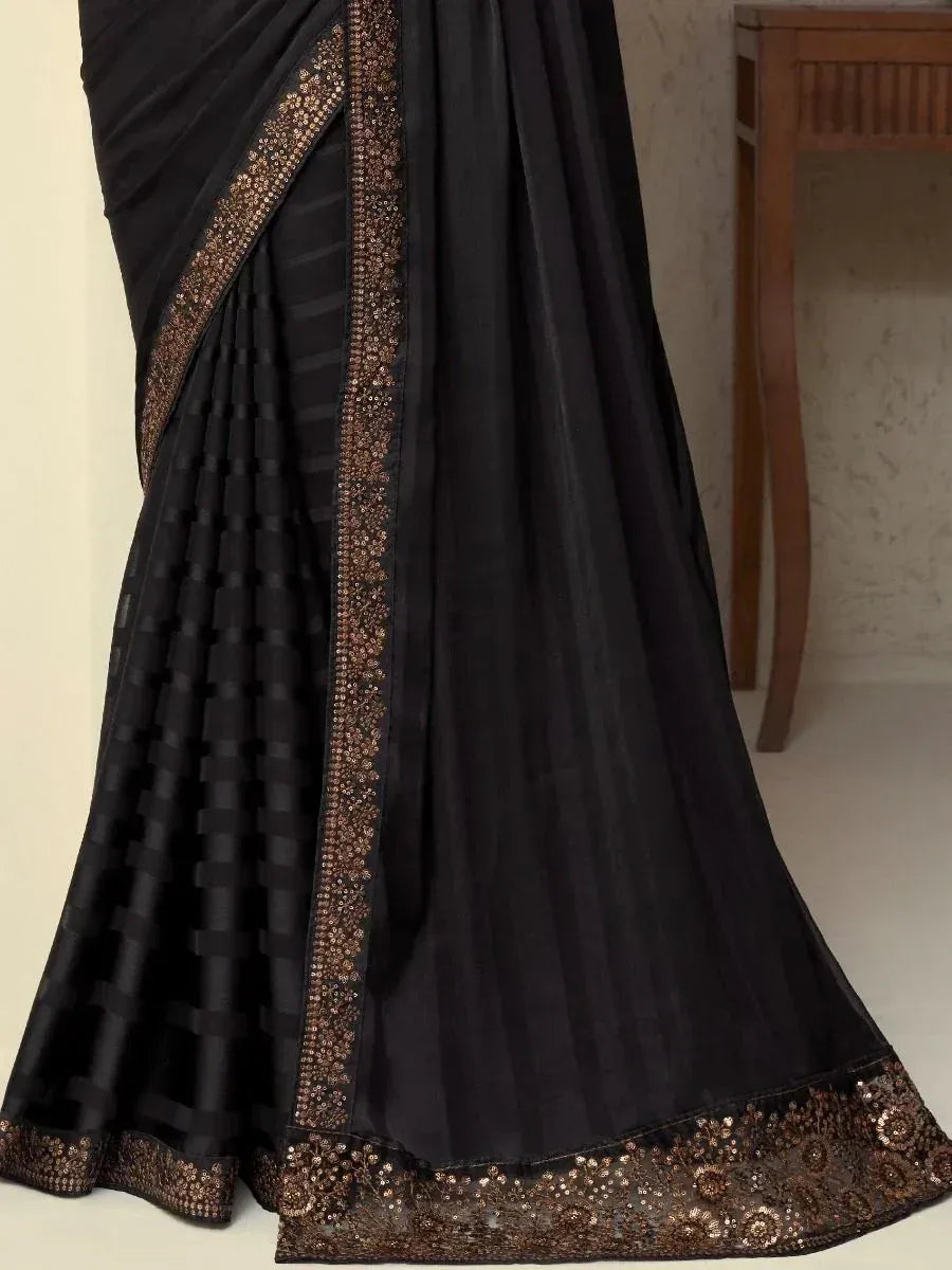 Black saree with gold sequin border and checkered pallu, elegant ethnic wear for women