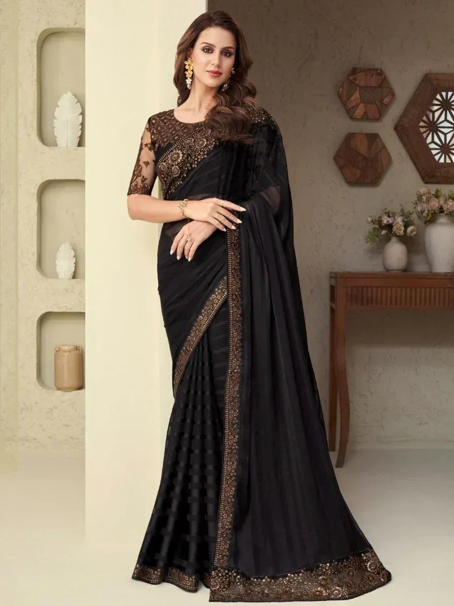 Black saree with gold embroidery, designer blouse, ethnic wear for women
