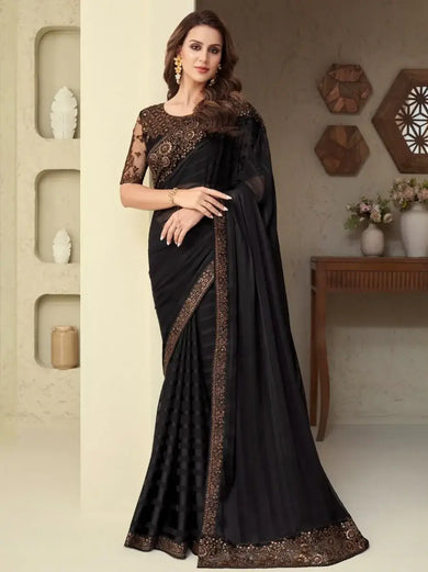 Unveiling Black Sequins Work Silk Reception Wear Saree With Blouse