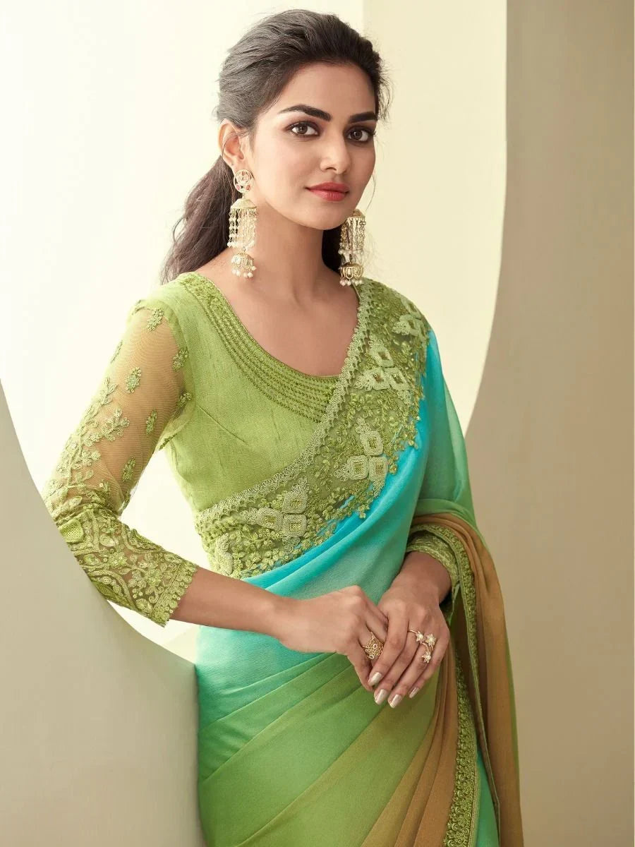 Stunning Multi-Coloured Sequins Work Silk Reception Wear Saree With Blouse