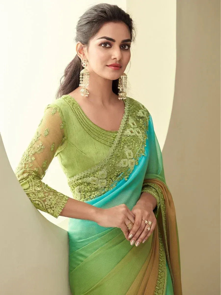 Green and turquoise designer saree with lace blouse, ethnic wear for women