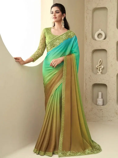 Stunning Multi-Coloured Sequins Work Silk Reception Wear Saree With Blouse