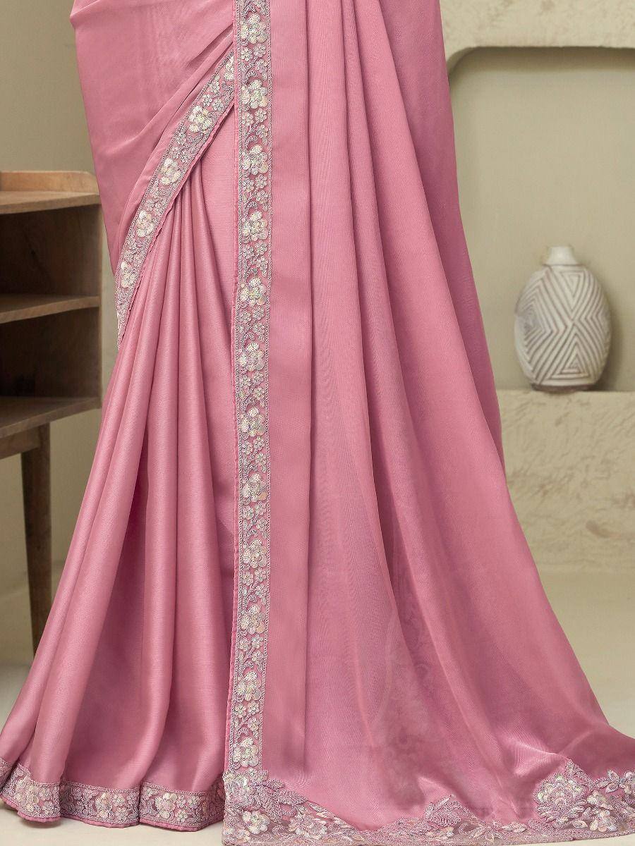 Pink saree with floral embroidery, elegant Indian ethnic wear for festive occasions