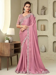Graceful Pink Sequins Work Silk Reception Wear Saree With Blouse