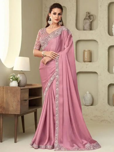 Graceful Pink Sequins Work Silk Reception Wear Saree With Blouse