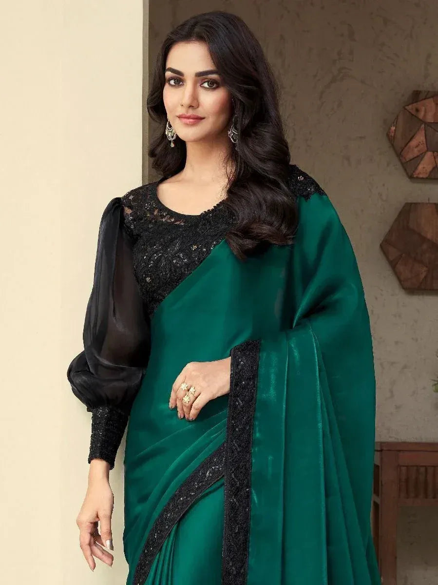 Emerald green saree with black lace blouse, ethnic Indian wear for women