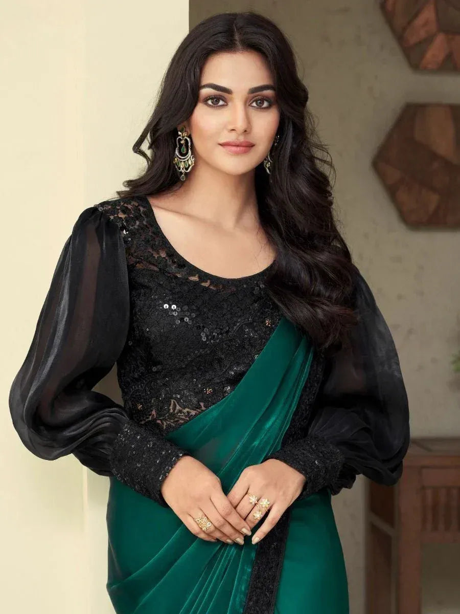 Black lace top with emerald green velvet saree, ethnic wear for women