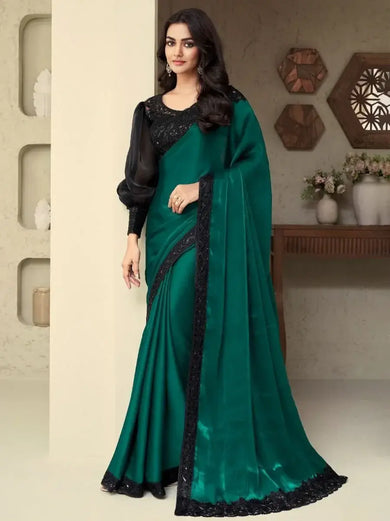 Rocking Green-Black Sequin Work Silk Reception Wear Saree With Blouse