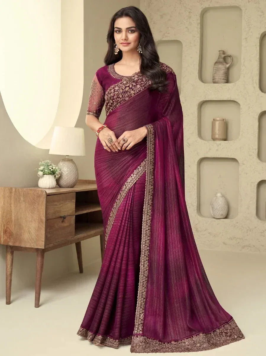 Elegant purple saree with gold embroidery, perfect for Indian ethnic occasions and festive wear.