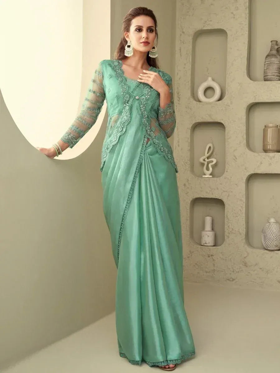 Mint green designer saree with embroidered sheer blouse, ethnic wear for women