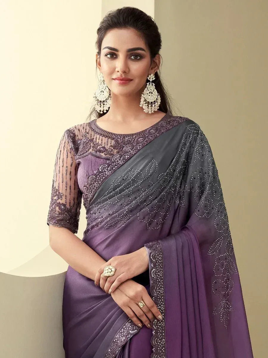 Elegant purple saree with sequin embroidery and sheer blouse, perfect for Indian ethnic occasions