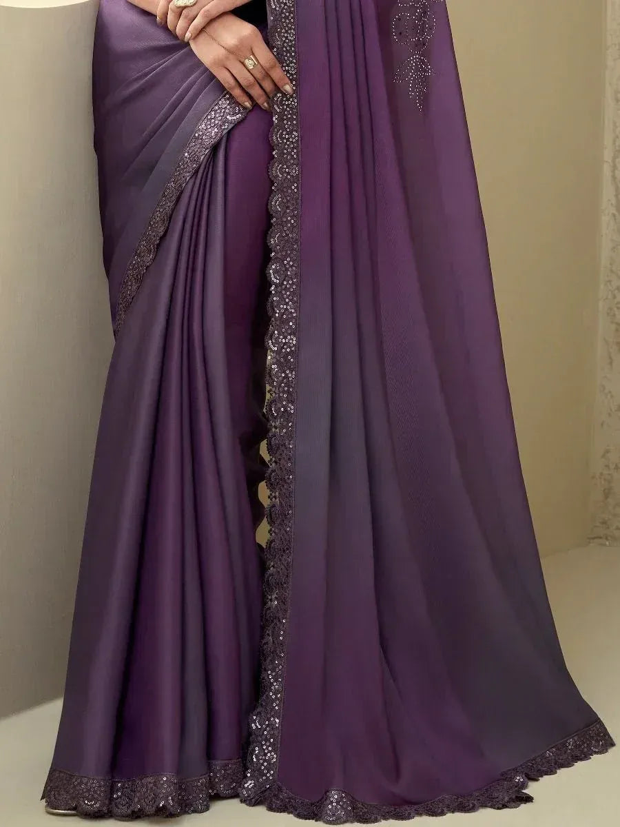 Purple designer saree with lace and sequin border, elegant ethnic wear for women