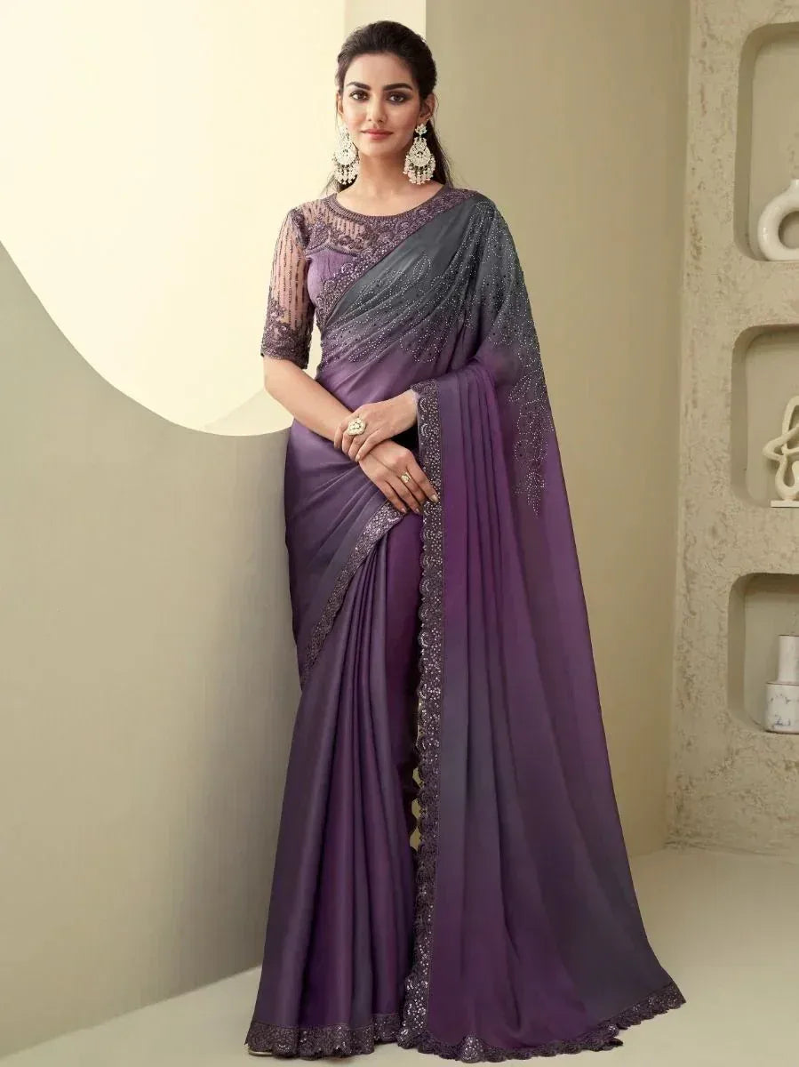 Purple designer saree with embroidered blouse and sheer dupatta, ethnic wear for women