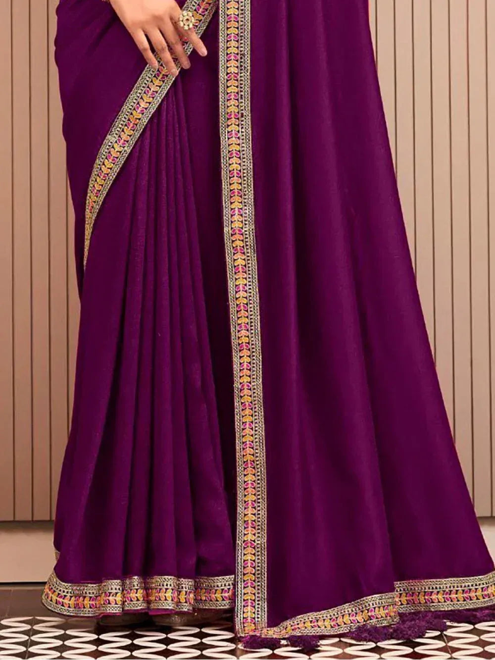 Purple designer saree with colorful embroidered border, ethnic Indian wear