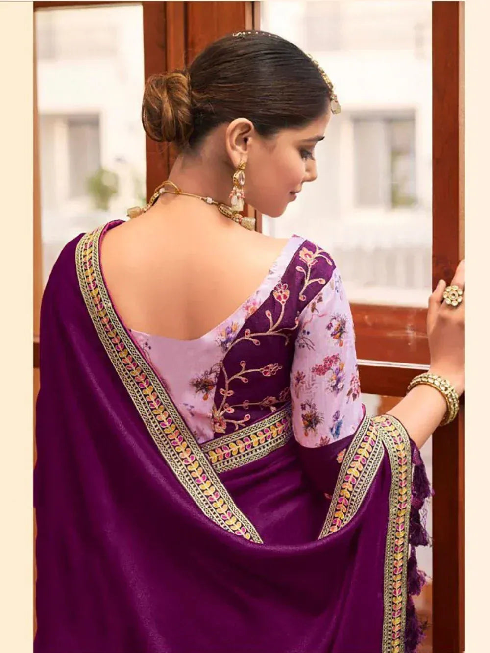 Purple floral embroidered saree with gold border, back view, ethnic wear