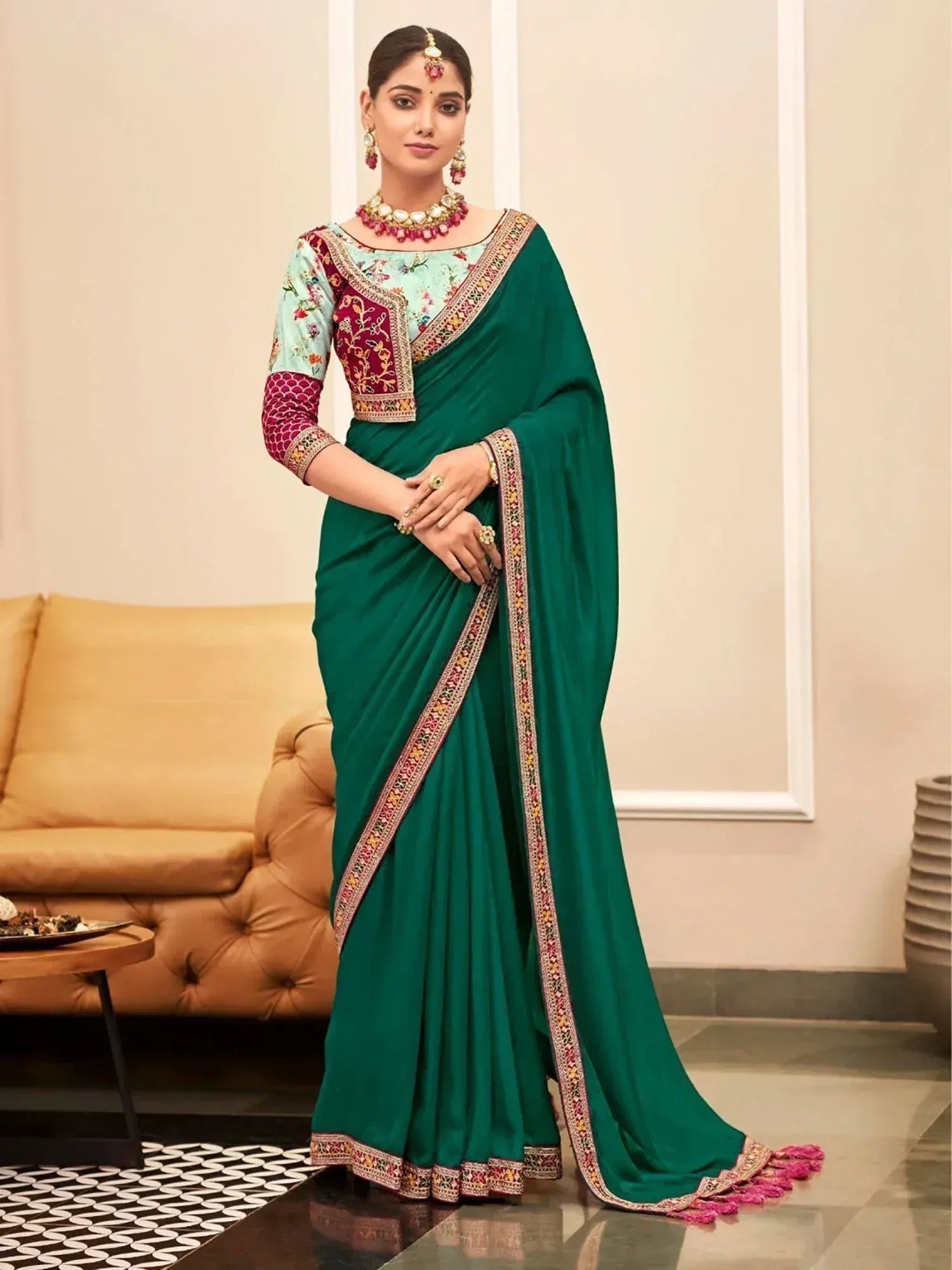 Emerald green saree with floral embroidered blouse, perfect for Indian ethnic occasions