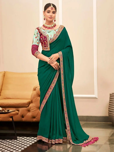 Glamorous Green Heavy Lace Work Vichitra Silk Festival Wear Saree