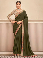 Stunning Olive Green Heavy Lace Work Vichitra Silk Mehendi Wear Saree
