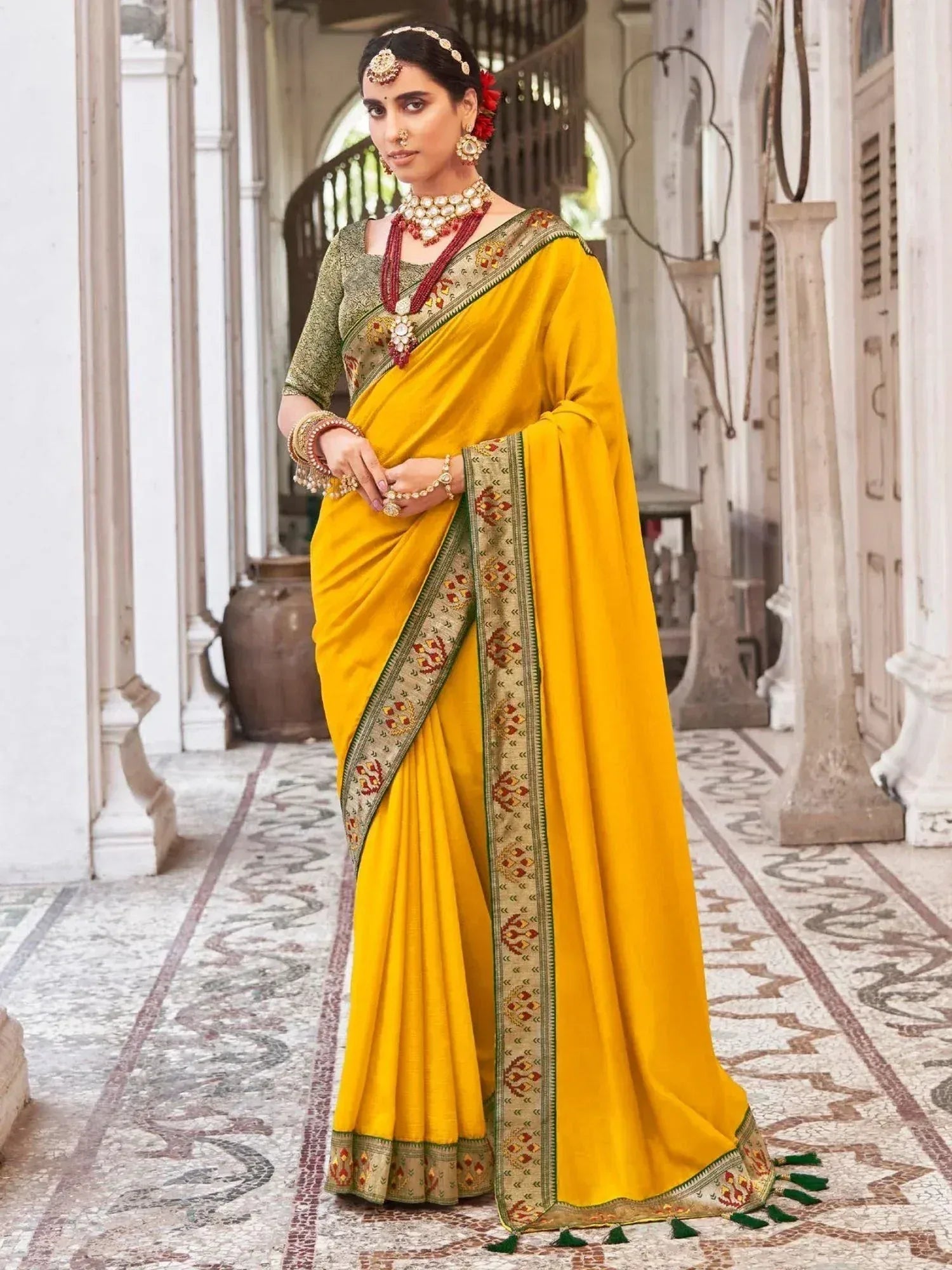 Yellow designer saree with embroidered border and green blouse, traditional Indian ethnic wear